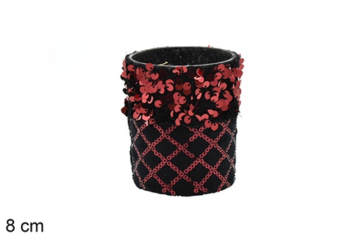 [206489] Portacandele in vetro decorato con paillettes rosso/nere 8 cm