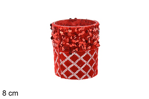 [206490] Portacandele in vetro decorato con paillettes rosse 8 cm