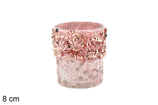 [206499] Portacandele in vetro decorato con paillettes rosa/rosa chiaro 8 cm
