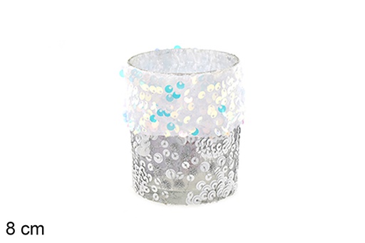 [206500] Bougeoir en verre décoré de paillettes blanc/argent 8 cm