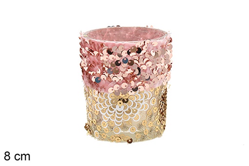 [206501] Castiçal de vidro decorado com lantejoulas douradas/rosa 8 cm