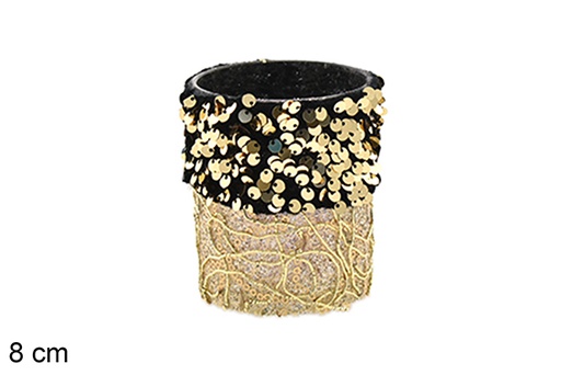 [206502] Portacandele in vetro decorato con paillettes oro/nere 8 cm