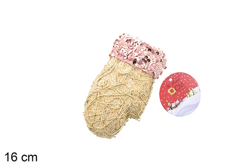 [206581] Colgante guante decorado lentejuelas oro/rosa 16cm