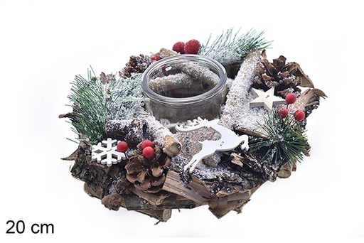 [206898] Portacandele rotondo Snowy con vetro decorato ananas/bacche 20 cm
