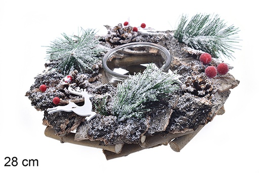 [206916] Portacandele rotondo Snowy con vetro decorato ananas/bacche 28 cm