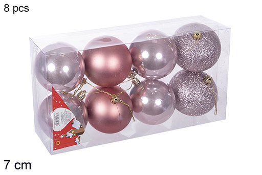 [112733] Pack 8 rose gold shiny/matte/glitter bauble 7 cm