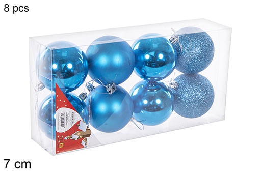[112734] Pack 8 boules turquoise brillantes/mates/à paillettes 7 cm