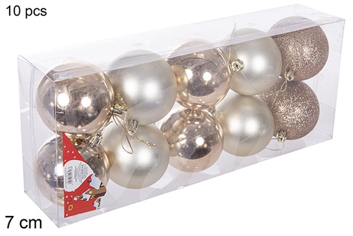 [112740] Pack 10 boules champagne brillantes/mates/à paillettes 7 cm
