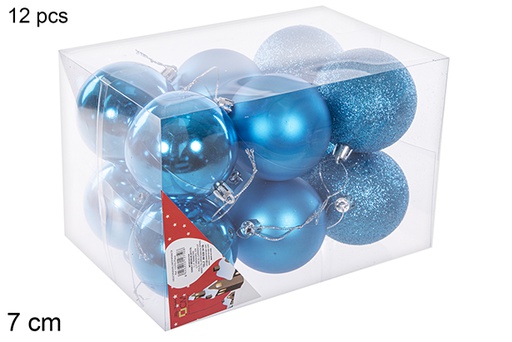 [112750] Pack 12 boules turquoise brillantes/mates/à paillettes 7 cm