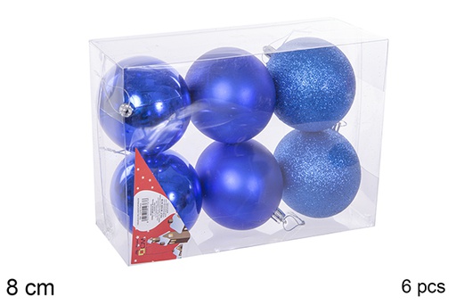 [112767] 6 boules bleues brillantes/mates 8 cm