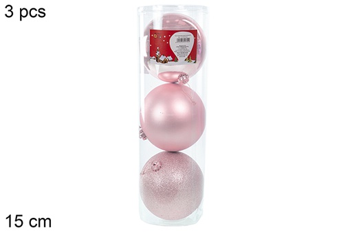 [112793] Pack 3 shiny/matte/glitter rose gold bauble 15 cm 