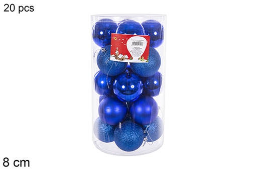 [112799] Pack 20 boules bleues brillantes/mates en cylindre 8 cm