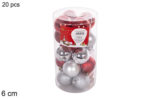 [112805] Pack 20 boules rouges/argentées brillantes/mates assorties cylindre 6 cm