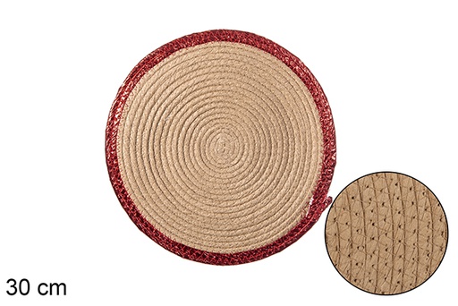 [114202] Round natural paper rope trivet with red glitter edge 30 cm