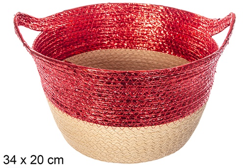 [114203] Corbeille en corde en papier brillant naturel/rouge avec poignée 34x20 cm
