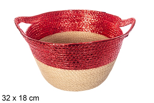 [114204] Corbeille en corde en papier brillant naturel/rouge avec poignée 32x18 cm