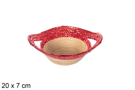 [114208] Corbeille en corde en papier brillant naturel/rouge avec poignée 20x7 cm