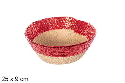 [114212] Corbeille en corde en papier pailleté naturel/rouge 25x9 cm