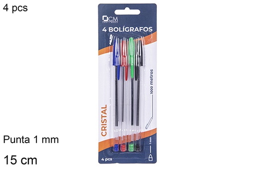 [112236] Pack 4 stylos bille cristal de couleur 