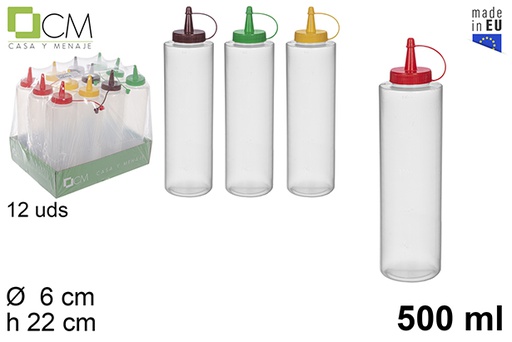 [113269] Transparent plastic sauce bottle with assorted color lid 500 ml