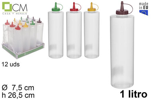 [113265] Transparent plastic sauce bottle with assorted color lid 1 l.