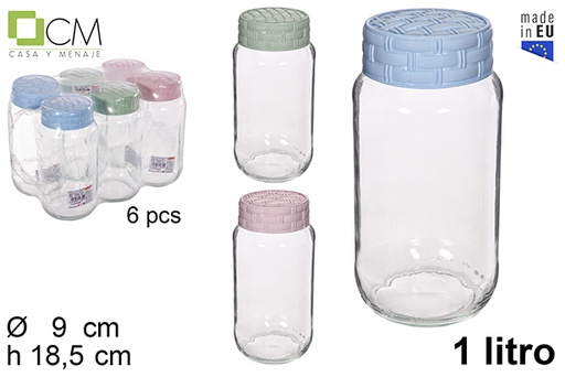 [114655] Barattolo di vetro con coperchio in rattan colori pastello 1 l.