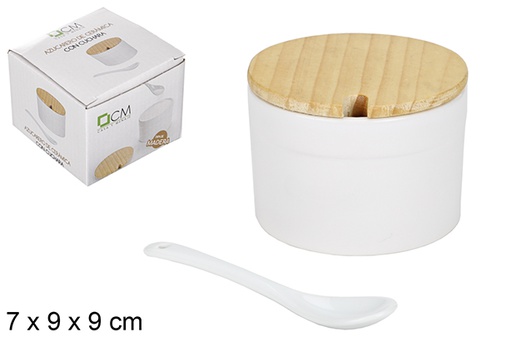 [110799] Azucarero cerámica blanca redondo con cuchara y tapa de madera