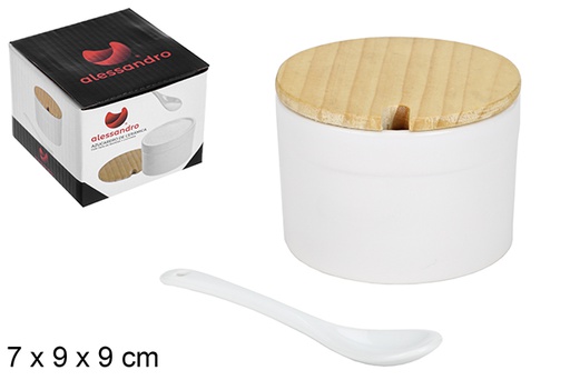 [110799] Zuccheriera rotonda bianca ceramica con cucchiaino e coperchio in legno