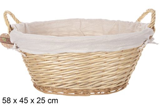 [112890] Panier ovale en osier avec anses couleur naturel avec tissu 58x45 cm