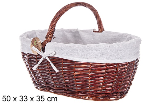 [112873] Panier ovale en osier avec anse en acajou et tissu 50x33 cm
