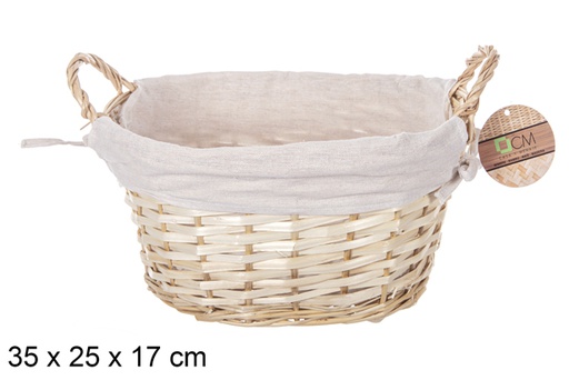 [112887] Oval wicker basket with honey-colored handles and fabric 35x25 cm