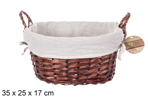 [112888] Panier ovale en osier avec anses en acajou et tissu 35x25 cm