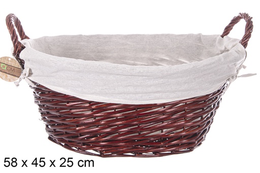 [112891] Panier ovale en osier avec anses en acajou et tissu 58x45 cm