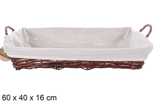[112903] Cesta mimbre rectangular con asas color caoba con tela 60x40 cm