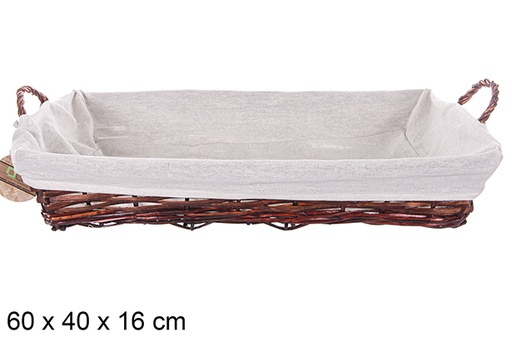 [112903] Cesto retangular de vime com alças em mogno e tecido 60x40 cm