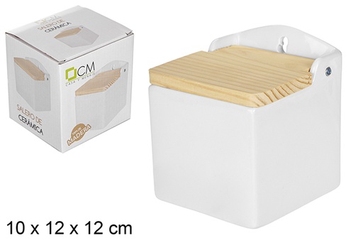 [110829] Salière en céramique blanche avec couvercle en bois