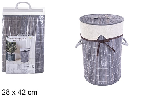 [114477] Panier à linge rond pliable en bambou gris avec doublure 28x42 cm