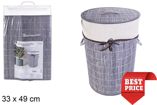 [114479] Panier à linge rond pliable en bambou gris avec doublure 33x49 cm