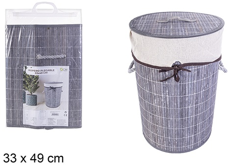 [114479] Panier à linge rond pliable en bambou gris avec doublure 33x49 cm