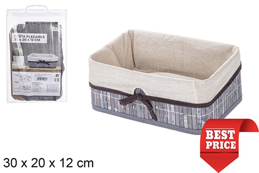 [114485] Cesto retangular dobrável em bambu cinza forrado com laço 30x20 cm