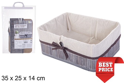 [114487] Cesta bambú plegable gris rectangular forrada con lazo 35x25 cm
