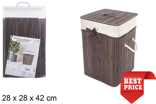 [114490] Panier à linge carré pliable en bambou acajou avec doublure 28x42 cm
