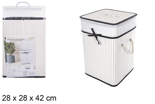[114491] Cesto de roupa suja quadrado dobrável em bambu branco com forro 28x42 cm