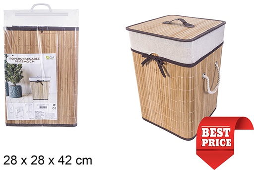 [114492] Panier à linge carré pliable en bambou naturelle avec doublure 28x42 cm