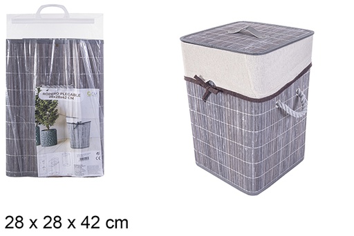 [114493] Panier à linge carré pliable en bambou gris avec doublure 28x42 cm