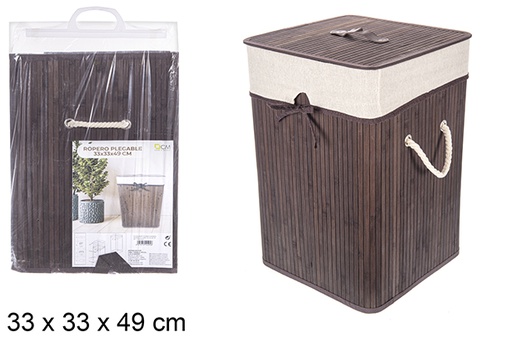 [114495] Cesto de roupa suja quadrado dobrável em bambu mogno com forro 33x49 cm