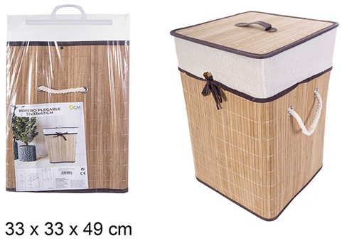 [114497] Cesto de roupa suja quadrado dobrável em bambu natural com forro 33x49 cm