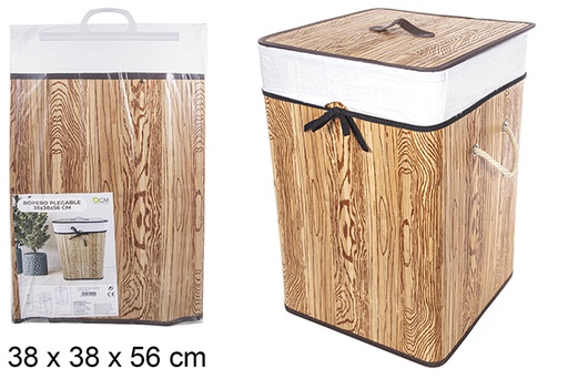 [114499] Panier à linge carré pliable en bambou naturelle avec doublure 38x56 cm