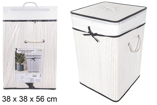 [114501] Cesto de roupa suja quadrado dobrável em bambu branco com forro 38x56 cm