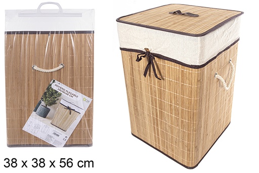 [114502] Panier à linge carré pliable en bambou naturelle avec doublure 38x56 cm